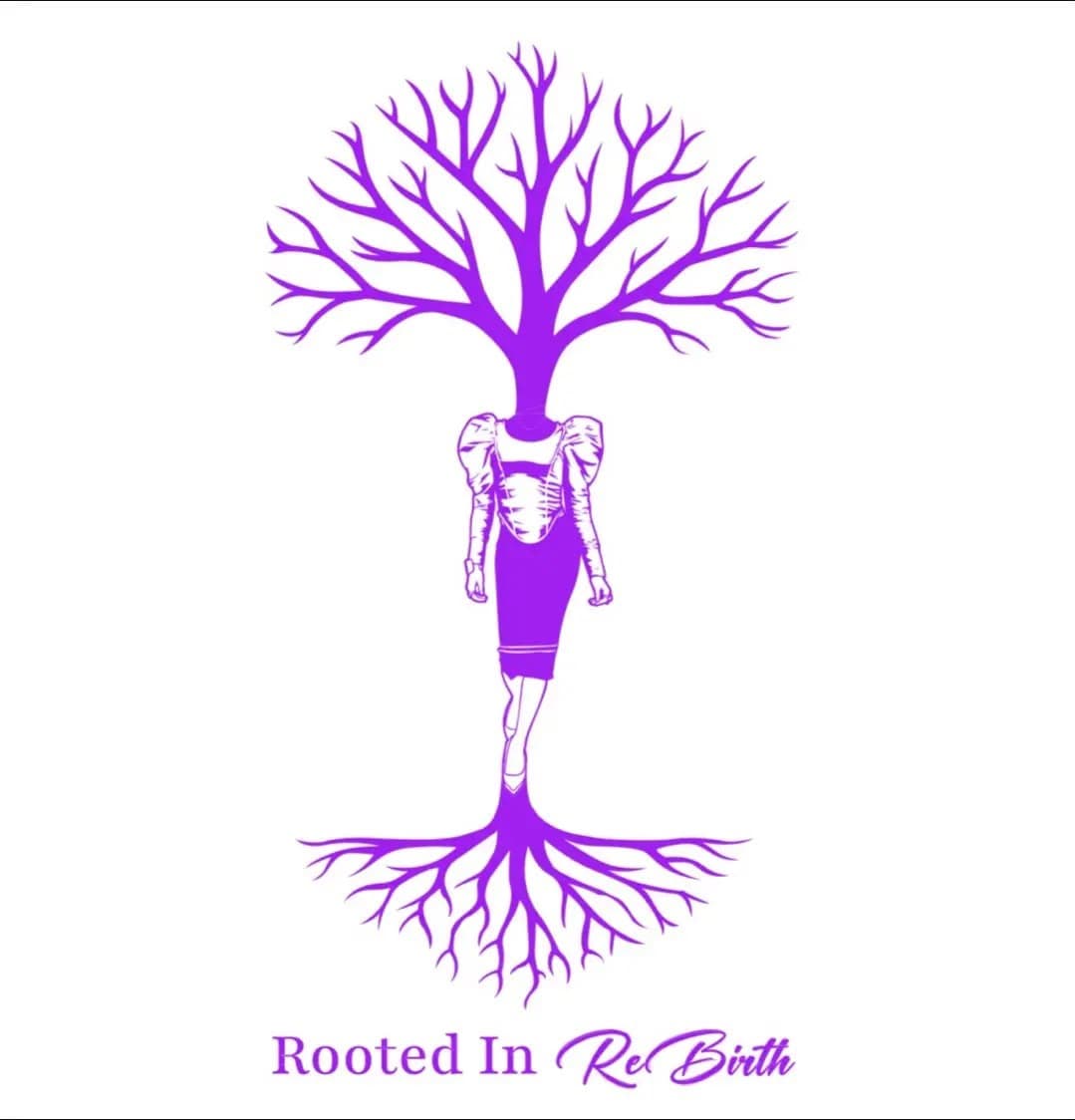 Original Rooted In ReBirth logo on white — purple woman, branching tree and deep roots